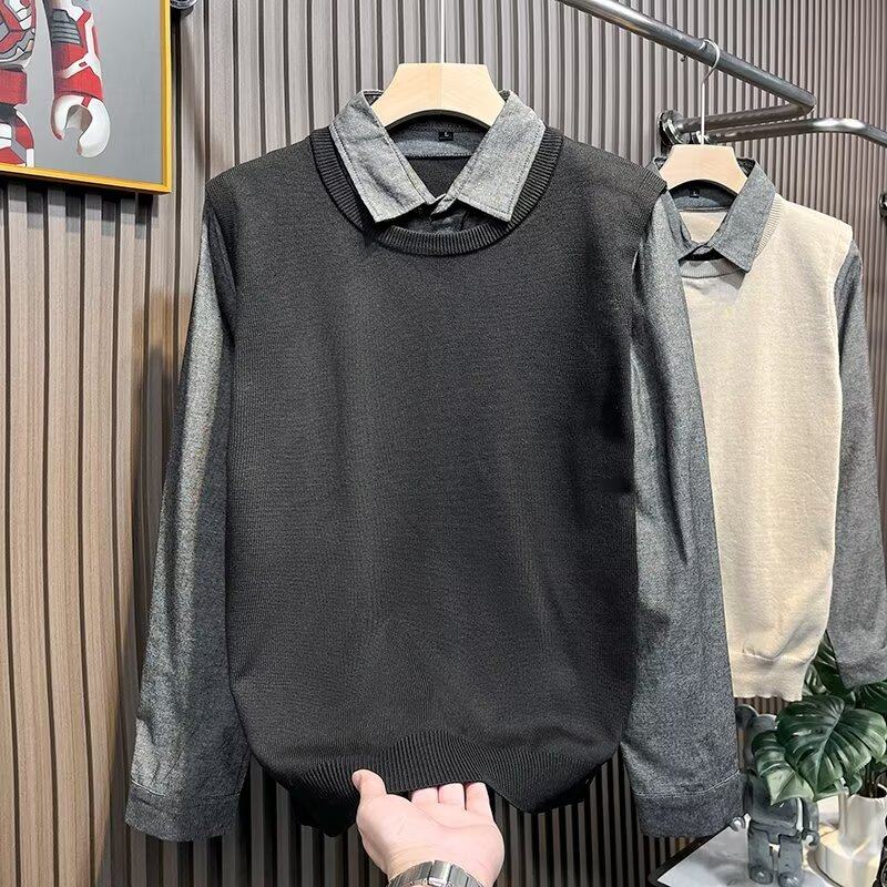 Autumn and winter British men's slim retro fake two-piece sweater Korean style sweater spliced ​​shirt collar jacket