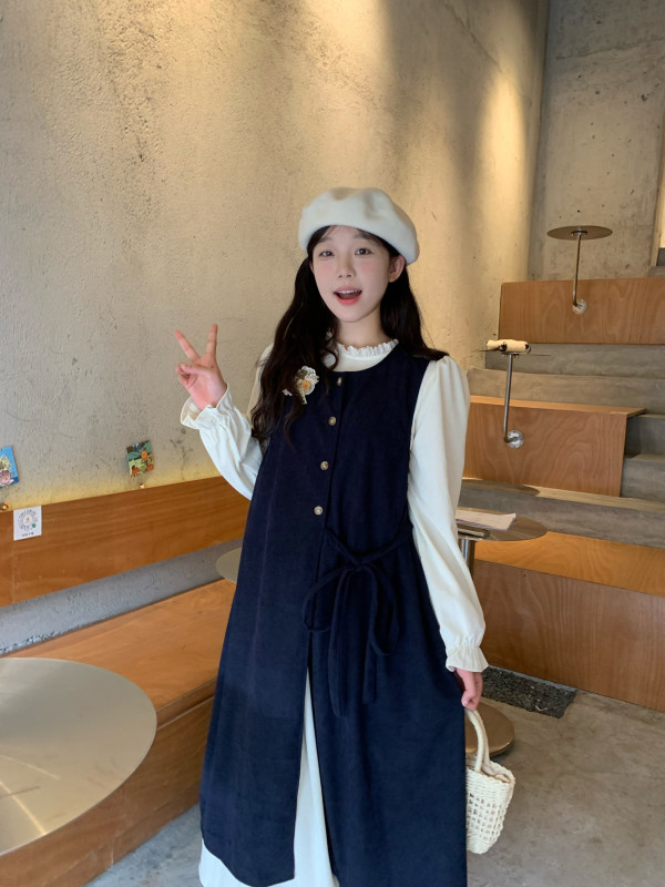 Stacking sweet suit, female forest vest dress, shirt dress, autumn long-sleeved dress, two-piece set