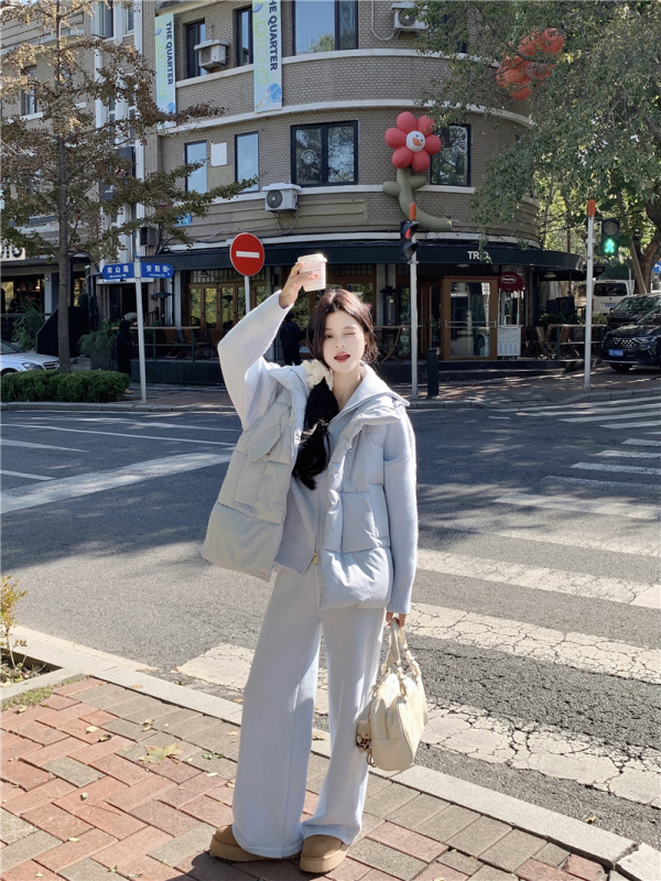 Korean cotton vest, women's short waistcoat, winter new style knitted wide-leg pants, same color suit