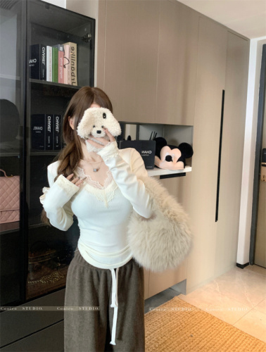 White lace bottoming shirt for women autumn and winter new style brushed slim knitted top