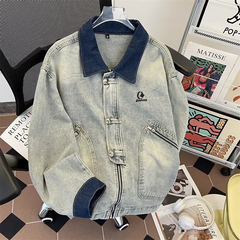 High street denim jacket men's Korean style trendy loose splicing handsome winter ins jacket