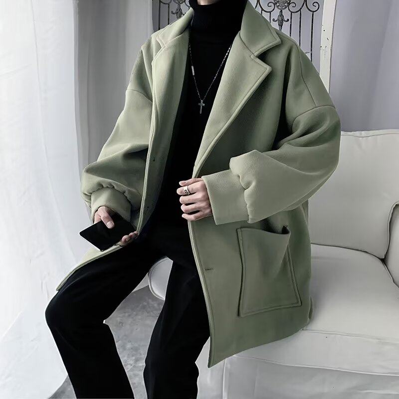 Autumn and winter men's coat Korean style loose and handsome medium windbreaker male student medium and long woolen coat
