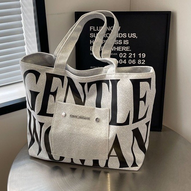 2024 New Single Shoulder Canvas Bag Large Capacity Letters Western Style Student Class Literary Tote Bag Fashion Shopping Bag