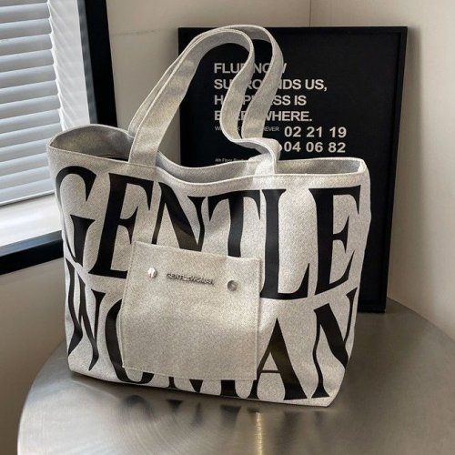 2024 New Single Shoulder Canvas Bag Large Capacity Letters Western Style Student Class Literary Tote Bag Fashion Shopping Bag