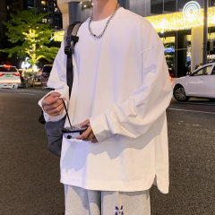 C293-P34 Long-sleeved T-shirt hem slit round neck long-sleeved solid color thin versatile loose sweatshirt top