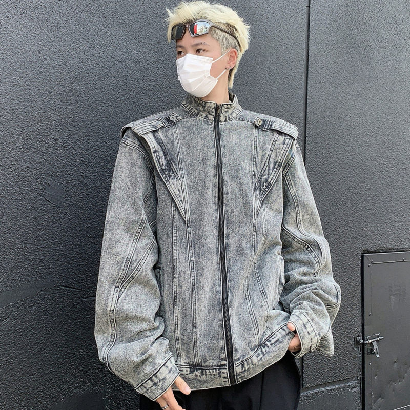 Autumn American retro heavy industry spliced ​​short denim jacket motorcycle jacket for men