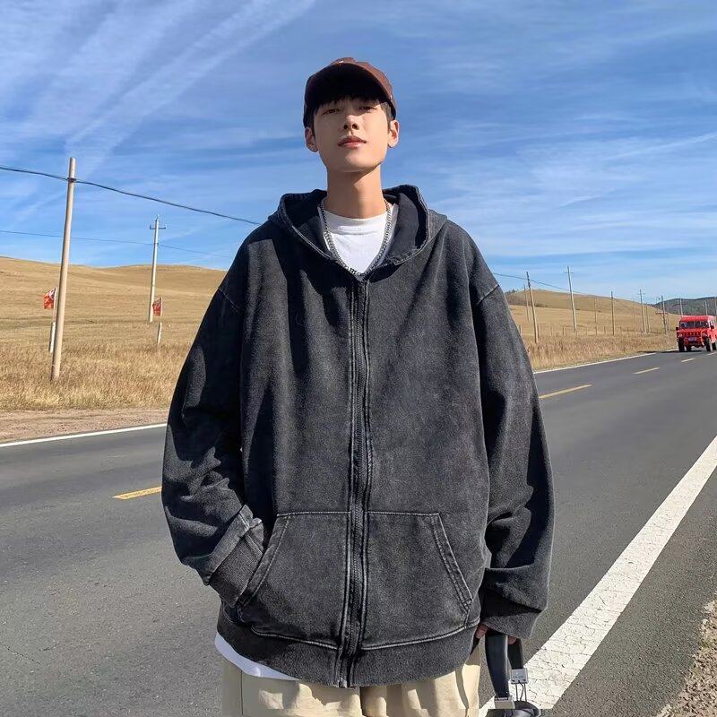 Washed distressed cardigan sweatshirt men's trendy brand handsome hooded top spring and autumn loose zipper jacket
