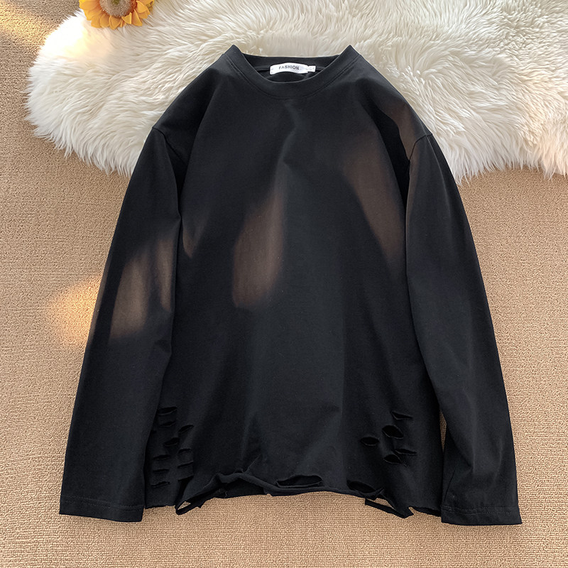 Autumn carpet holes trendy Hong Kong style double yarn pure cotton bottoming shirt long-sleeved men's T-shirt