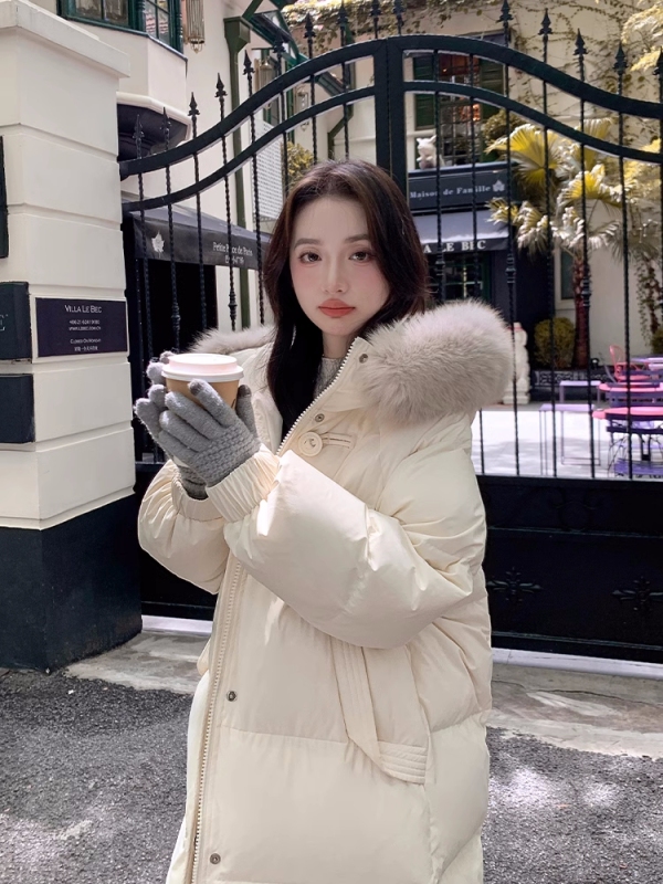White duck down Korean style down jacket winter women's 2024 new style mid-length fashionable big fur collar thickened warm jacket
