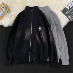 Autumn new Hong Kong style American Japanese style retro heavy deer plush cardigan stand-up collar sweater