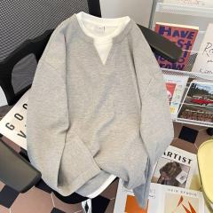 Waffle fake two-piece V-neck sweatshirt for men summer and autumn American retro simple loose long-sleeved T-shirt