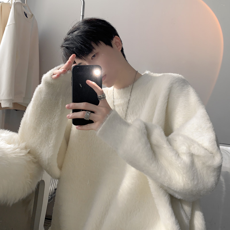 Autumn new style Hong Kong style imitation mink lazy style pullover round neck sweater for men