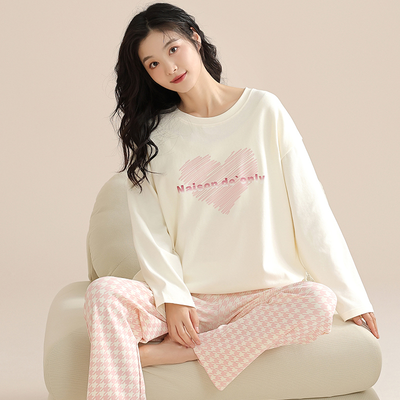 Autumn Knitted Cotton Round Neck Long Sleeve Pajamas Women's Suit with Breast Pad