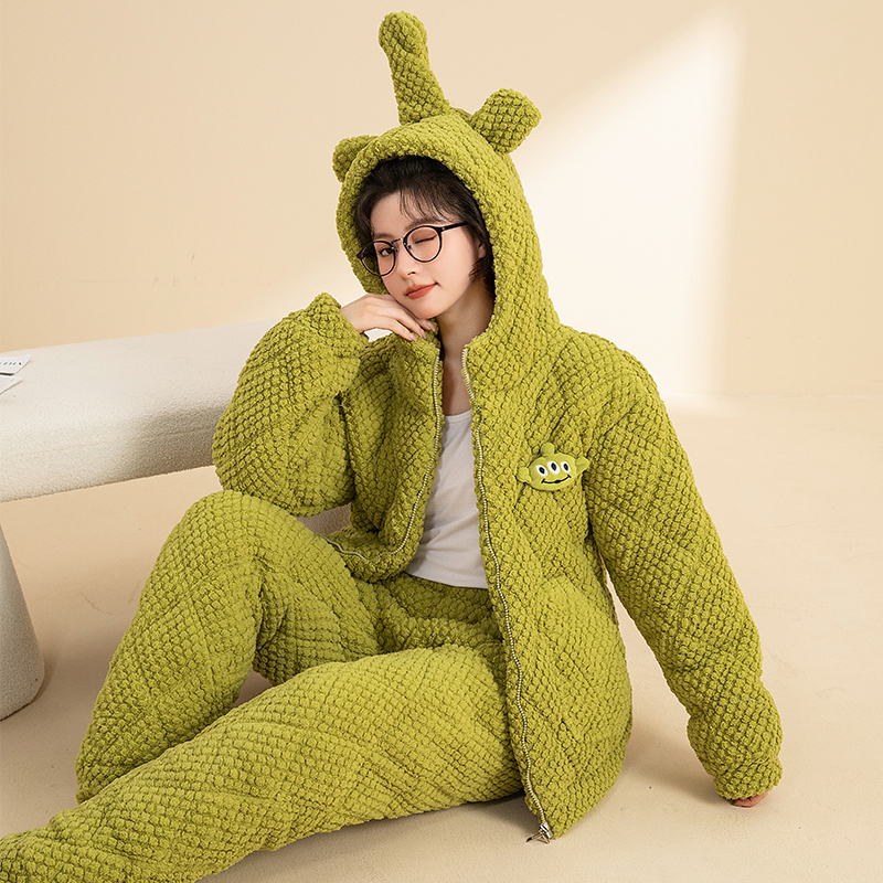 Thickened velvet zipper hooded pajamas for women winter three-layer quilted coral velvet home clothes