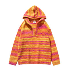 Autumn and winter retro letter gradient embroidered striped hooded all-match casual knitted sweater