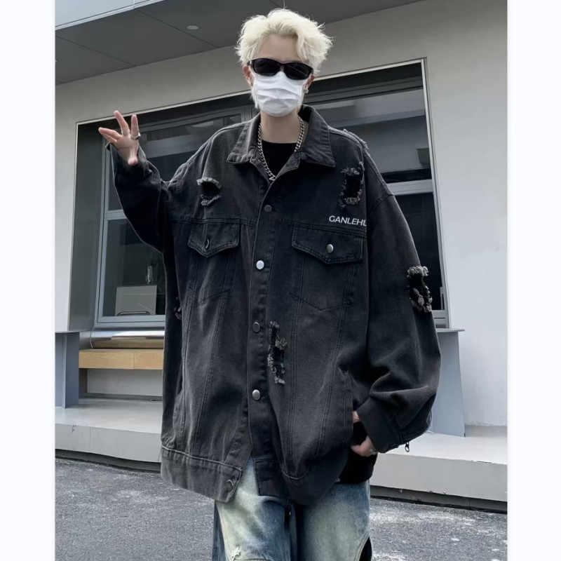 American high street ripped denim jacket men's Korean style trendy autumn and winter ins jacket