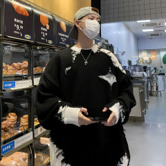 Autumn and winter American retro contrast color destructive sweater men's niche design knitted sweater top