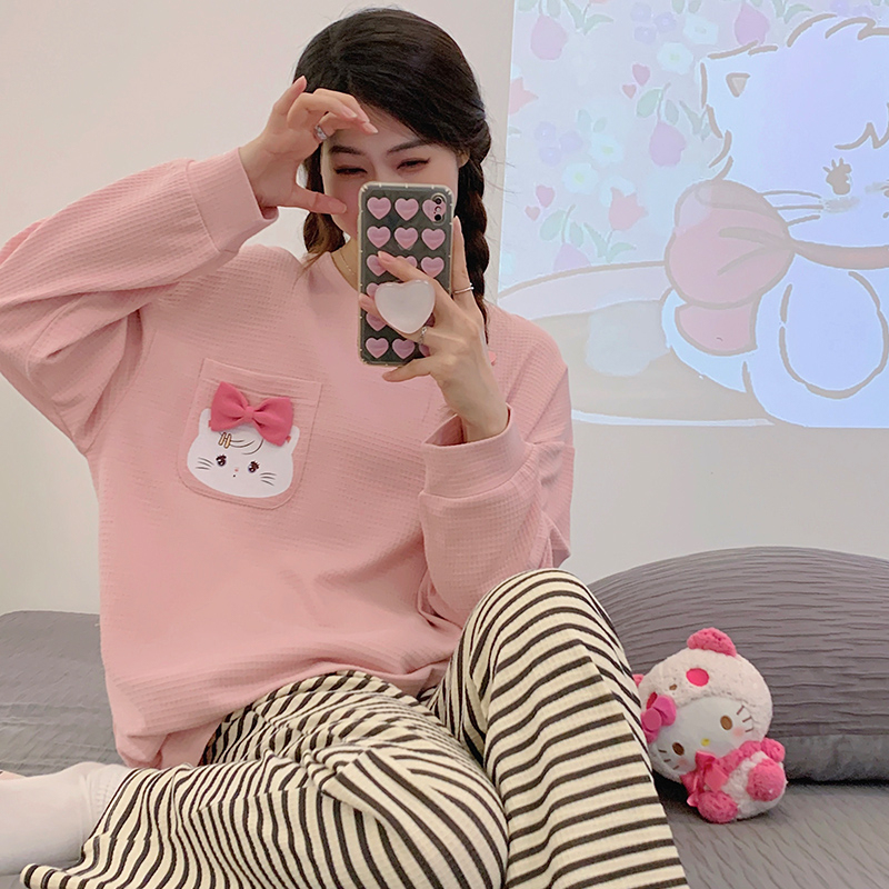 Autumn Pajamas Women's Waffle Long Sleeve Pants Round Neck Pullover Women's Home Clothes Set