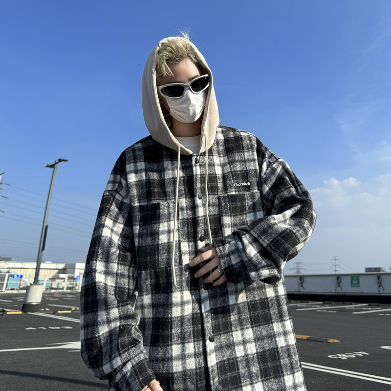 Plaid hooded long-sleeved new American retro trendy brand loose woolen shirt jacket