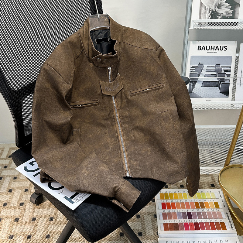 American high street retro niche design shoulder padded stand collar leather jacket