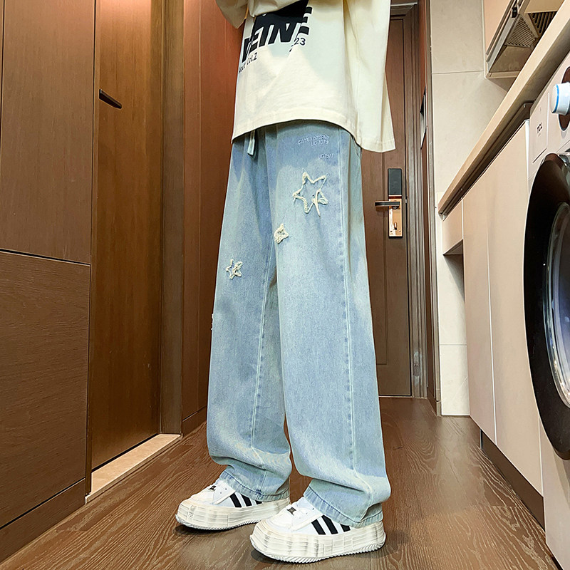 Spring washed and bleached horse straight jeans for couples, versatile loose casual trousers