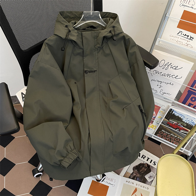 Autumn Men's Hooded Jacket Letter Embroidery Loose Jacket Velcro Jacket
