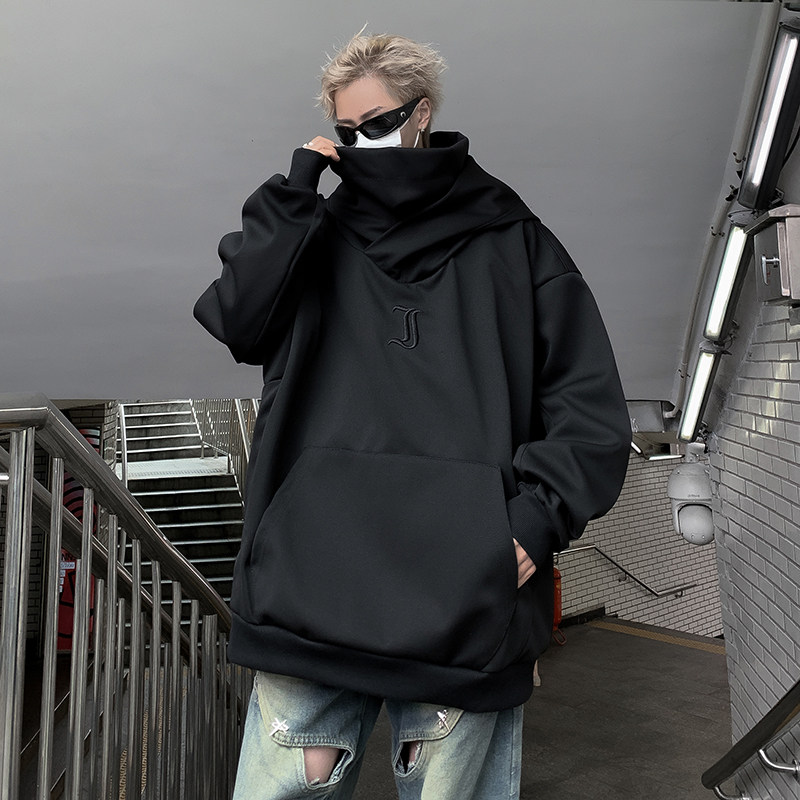 Trendy brand velvet hooded sweatshirt embroidered men's loose turtleneck American jacket