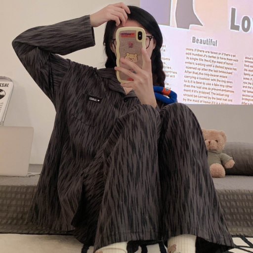Casual Korean pajamas couple wear spring and autumn high-end black two-piece set long-sleeved trousers women's home wear