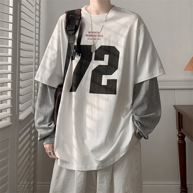 Fake two-piece T-shirts for men and women, Korean style trendy loose long-sleeved autumn and winter ins new style