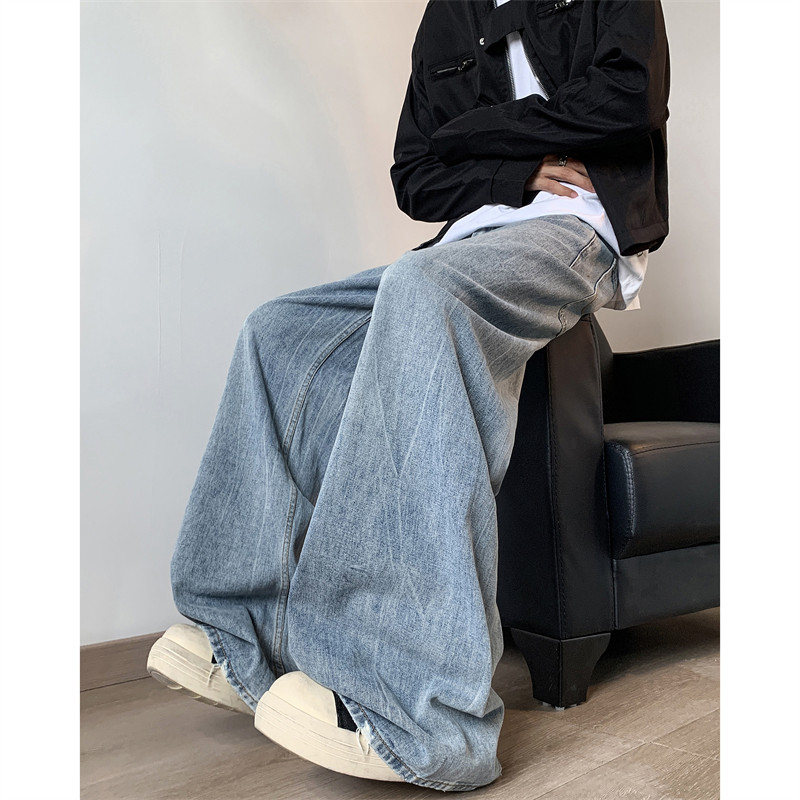 American street brand washed and distressed loose wide-leg floor-length jeans