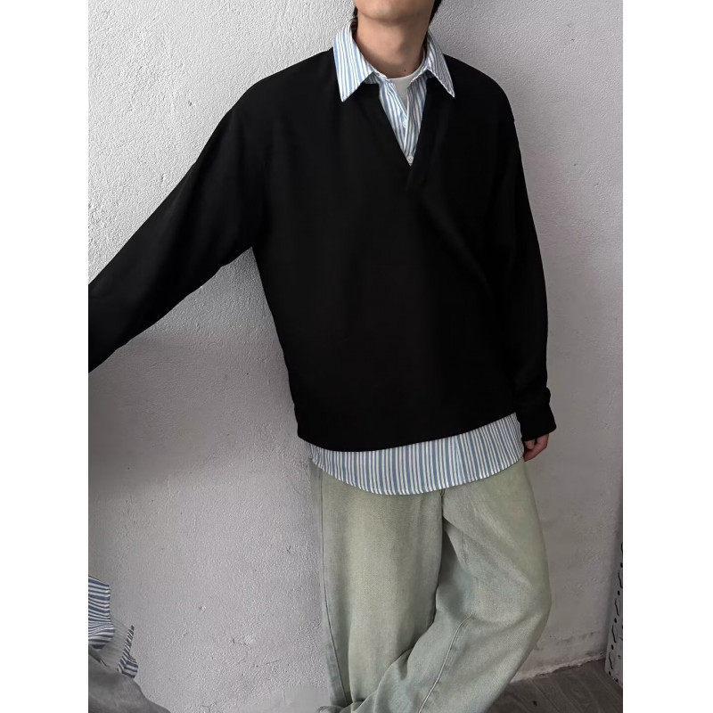 Spring retro loose fake two-piece long-sleeved shirt men's casual patchwork striped half-cardigan top