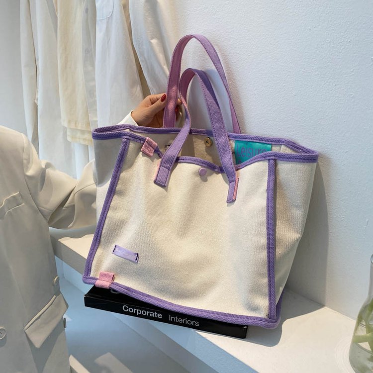 Ins trendy brand same contrast color canvas bag women's handbag Korean casual literary canvas shopping bag shoulder bag