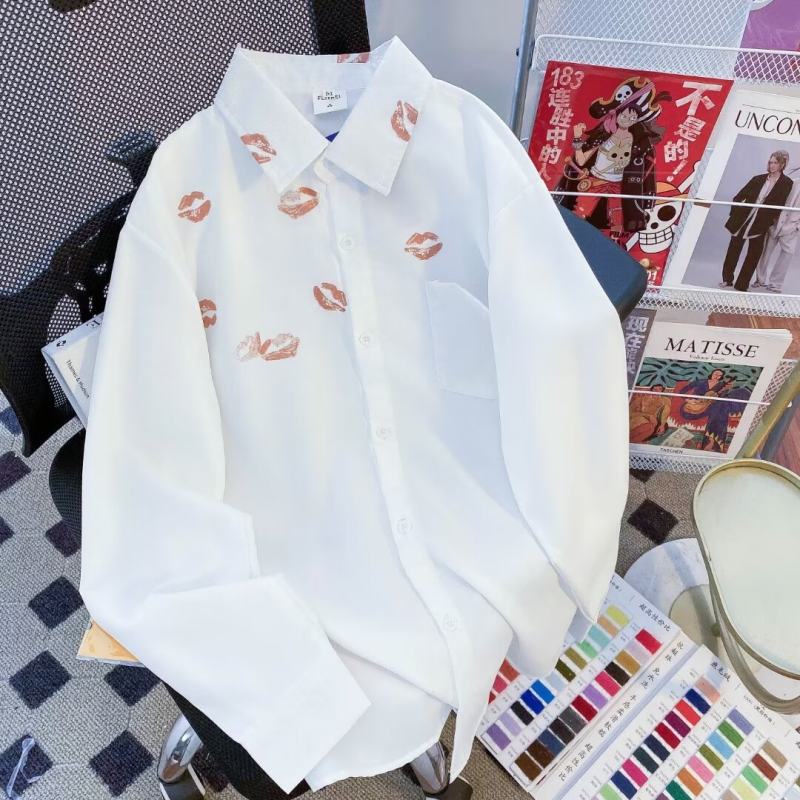 Lip print white long-sleeved shirt men's summer thin niche design sense of luxury lazy trendy loose shirt