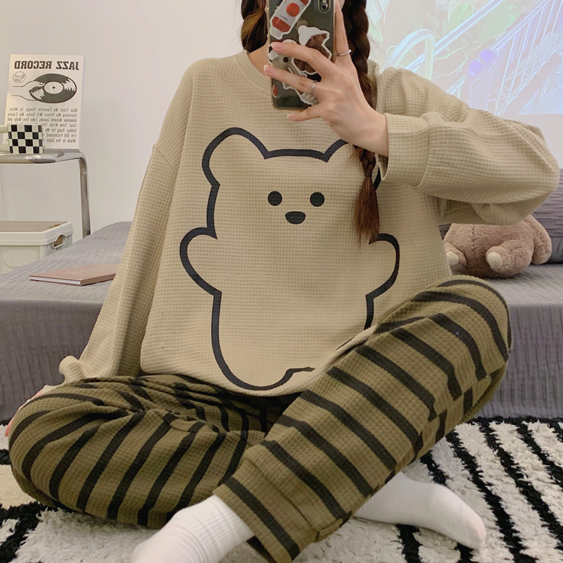 Autumn Pajamas Women's Waffle Long Sleeve Pants Round Neck Pullover Women's Home Clothes Set