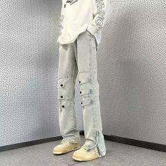 American high street vibe washed slit straight jeans daily trousers mid-waist youth non-elastic trendy