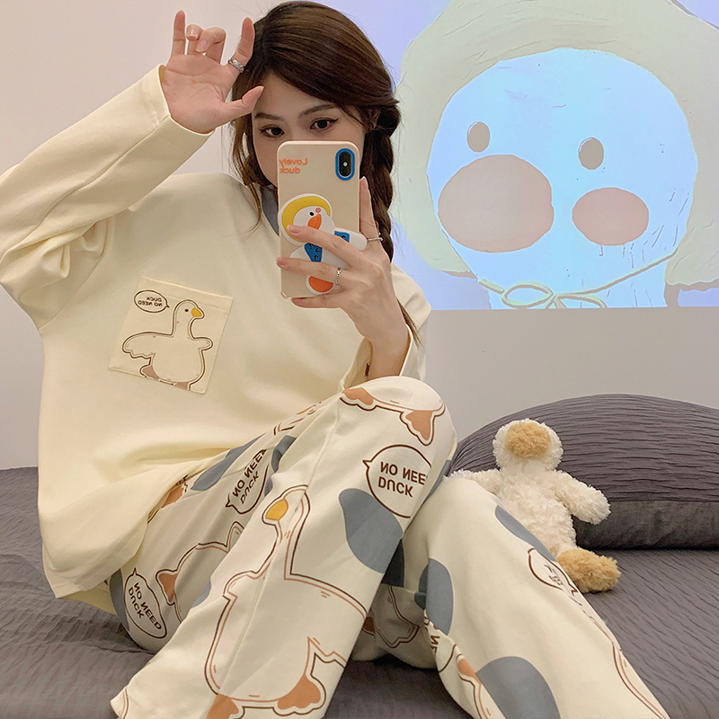 Spring and Autumn New Pajamas Women's Long Sleeves Long Pants Round Neck Girls Cartoon Imitation Cotton Home Clothes Set