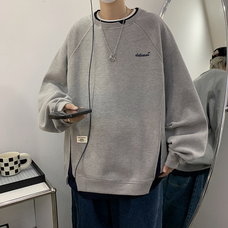 Japanese retro fake two-piece round neck sweatshirt men's autumn trendy brand loose lazy waffle top