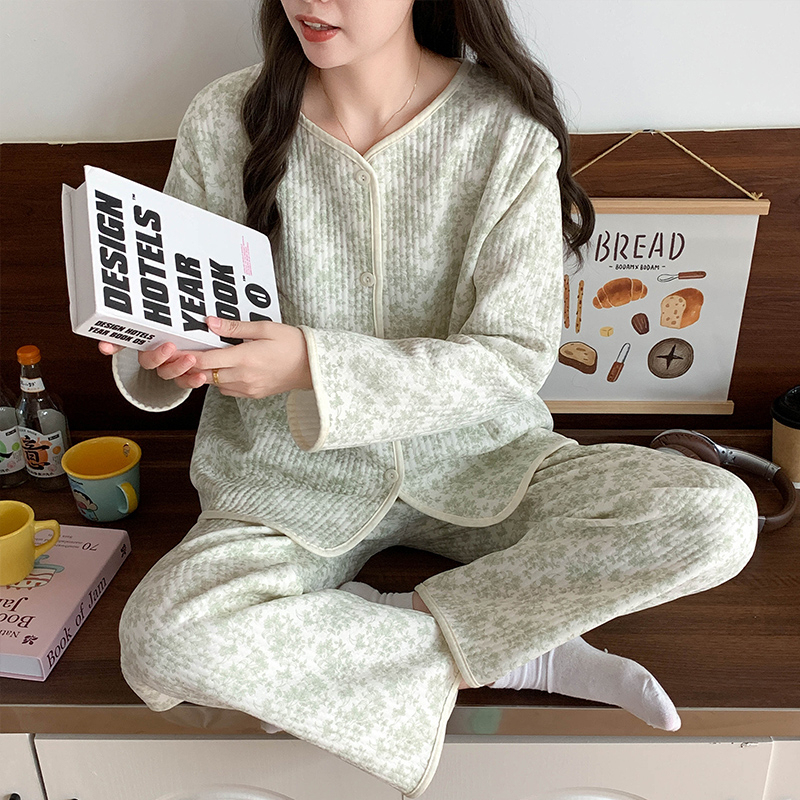 Winter air cotton jacquard sandwich cardigan long-sleeved trousers pajamas women's suit home wear