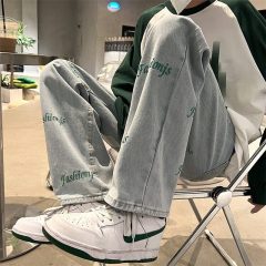 Letter embroidered jeans for men, trendy and versatile casual pants, American high street drapey floor-length pants