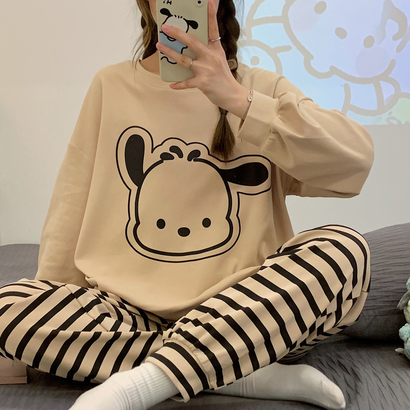 Spring and Autumn Pajamas Women's Long Sleeve Pure Cotton Thin Pullover Two-piece Set Cartoon Simple Round Neck Home Clothes