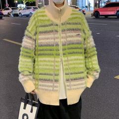 Contrast color imitation mink sweater for men and women, loose and lazy style for couples, thickened warm cardigan and sweater jacket