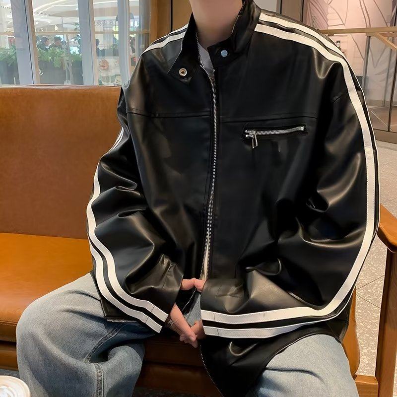 Retro Striped PU Leather Jacket Men's Spring and Autumn Loose High-end Trendy Brand Handsome Motorcycle Style Leather Jacket