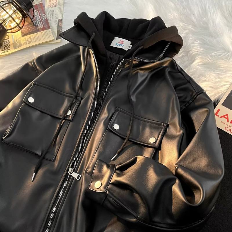 Fake two-piece leather jacket for men Korean style trendy hooded winter new ins loose and versatile jacket
