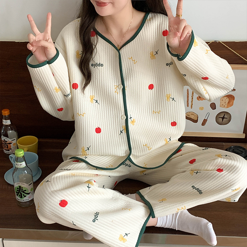 Winter air cotton jacquard sandwich cardigan long-sleeved trousers pajamas women's suit home wear