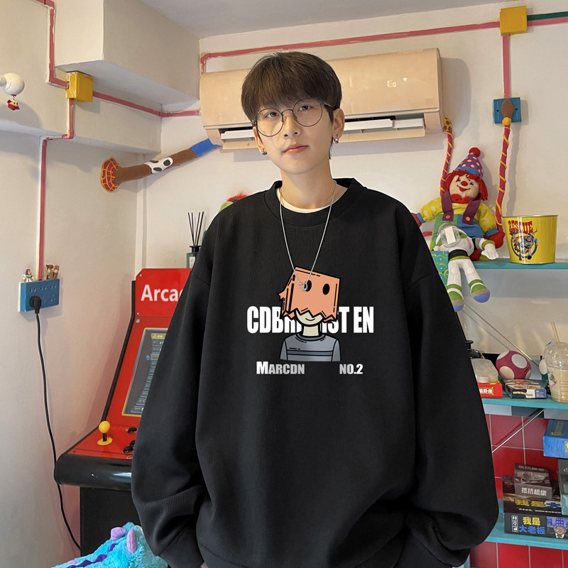 Waffle!  Waffle top men's round neck waffle sweatshirt men's large size long-sleeved t-shirt for men