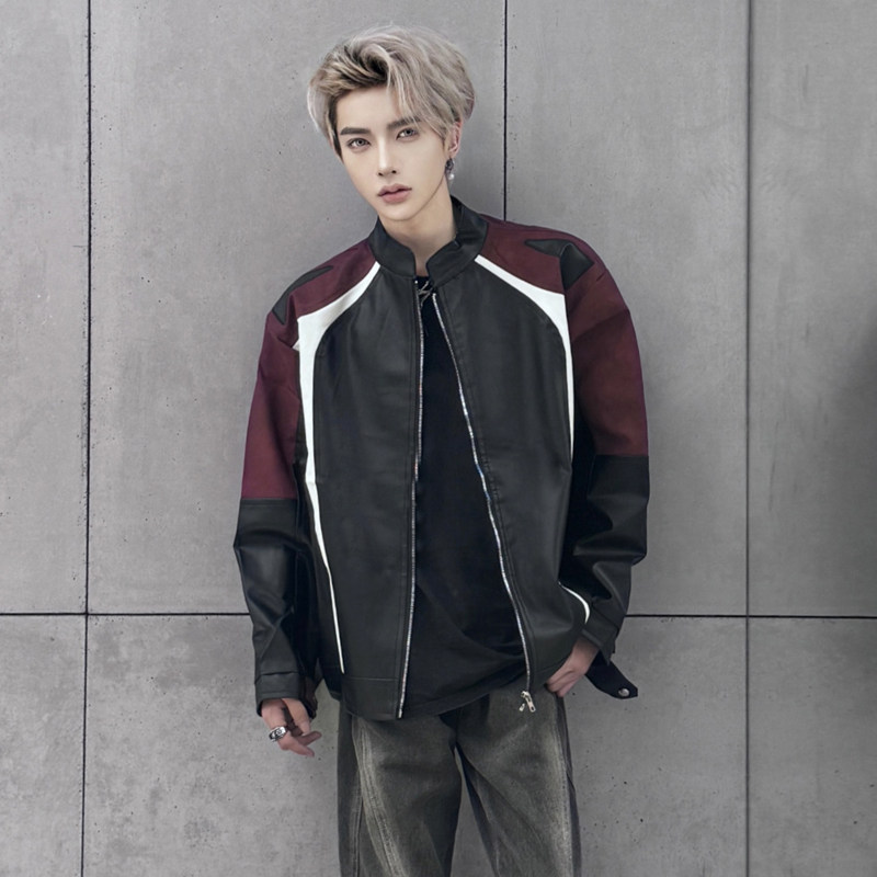 (Real shot, stolen pictures must be submitted) Racing Suit Leather Jacket Stand Collar PU Motorcycle Suit Jacket for Men