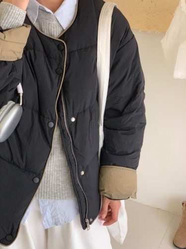 Down jacket for women 2024 winter Korean version contrasting color round neck small man jacket simple loose light warm jacket
