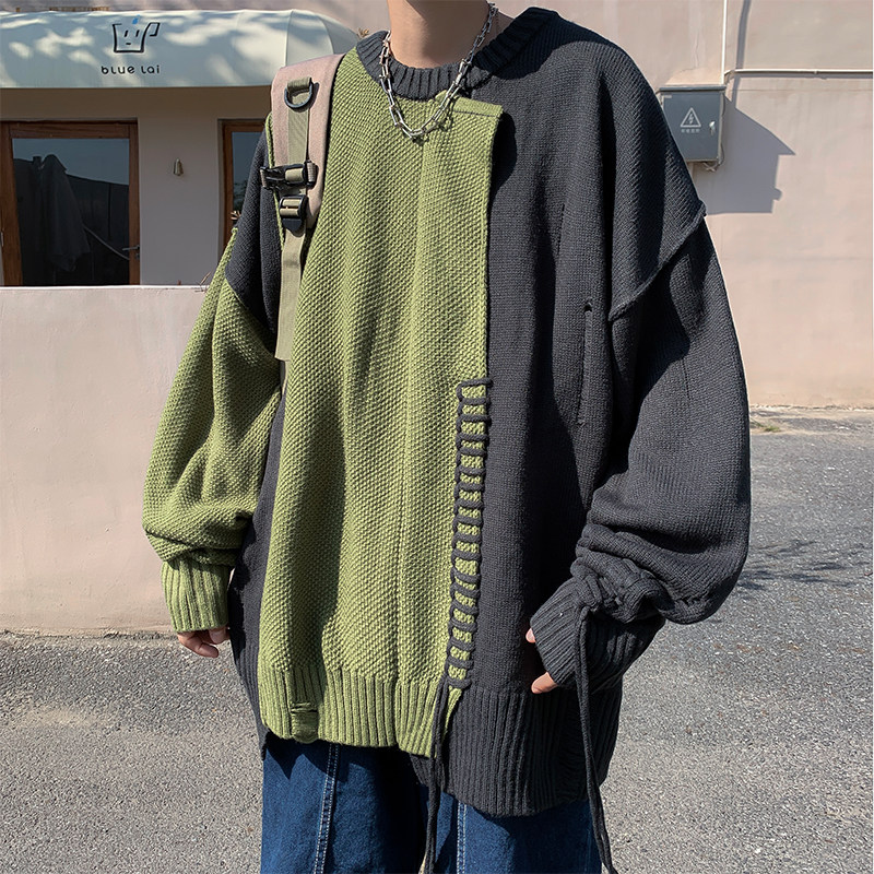 Retro stitching contrasting color sweaters for men and women in autumn and winter niche design lazy style sweater jackets