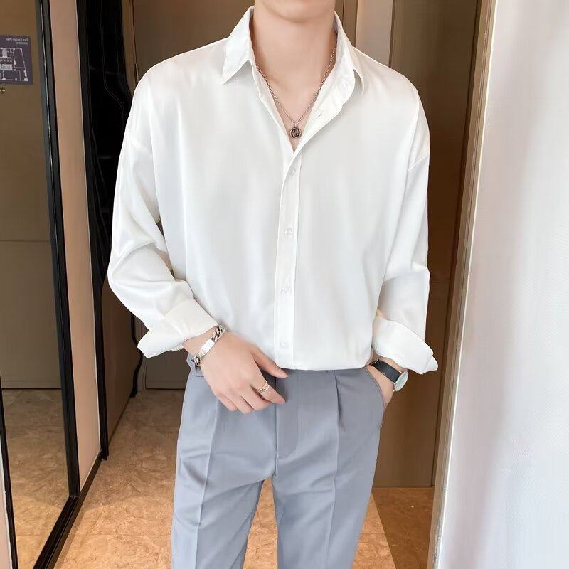 Light mature style autumn new fashion casual loose-fitting no-iron anti-wrinkle silky trendy long-sleeved solid color shirt for men