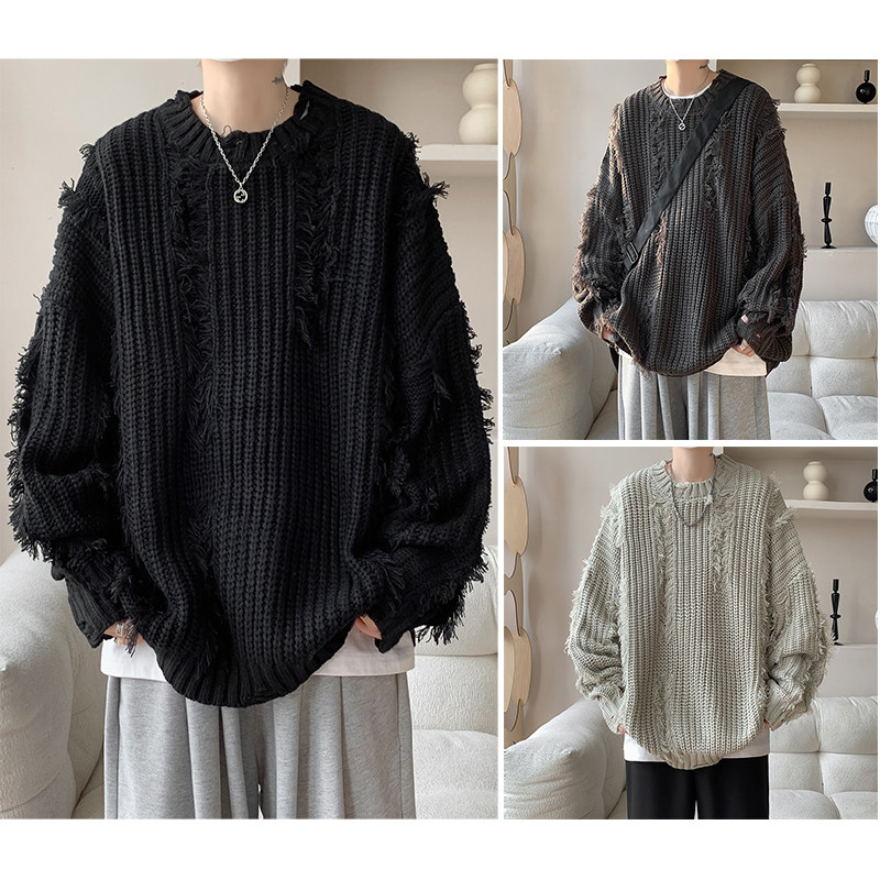 Distressed tassel chunky twist sweater, lazy loose knitted sweater